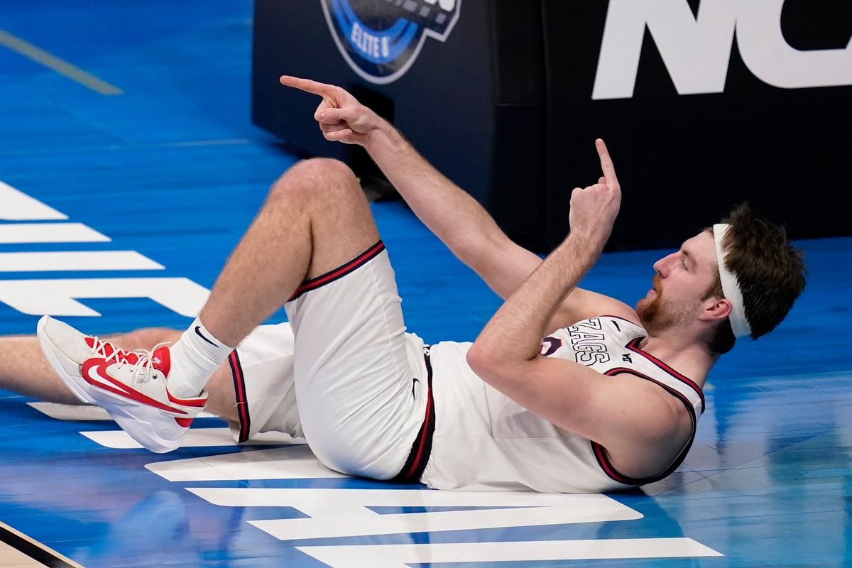 Gonzaga’s Drew Timme reacts to a play against the Creighton in the NCAA men’s college basketball tournament at Hinkle Fieldhouse in Indianapolis.