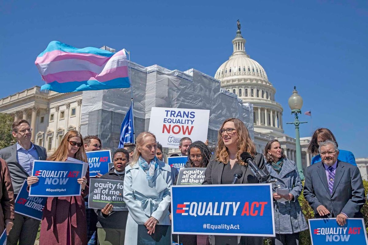 Sarah
 McBride, National Press secretary of Human Rights Collation speaks on 
introduction of the Equality Act, a comprehensive LGBTQ 
non-discrimination bill at the US Capitol on April 01, 2019 in 
Washington.