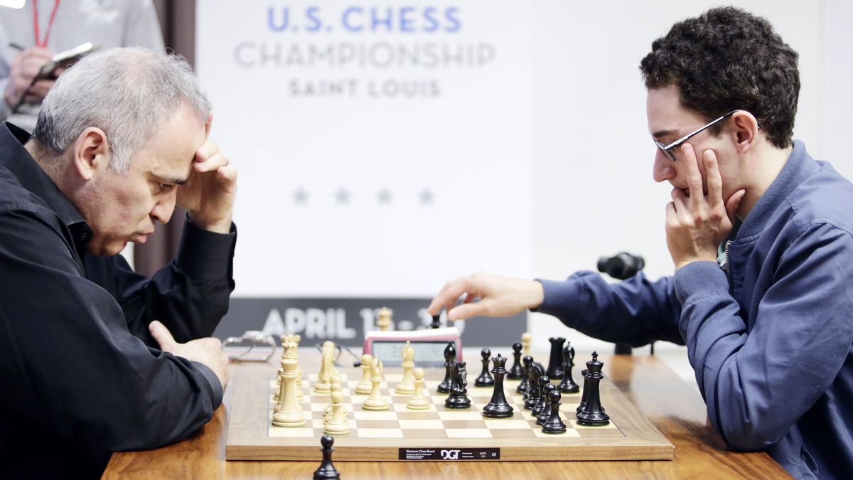 Fabiano Caruana (right) plays against legendary grandmaster Garry Kasparov (left). Photo credit:  [object Object]