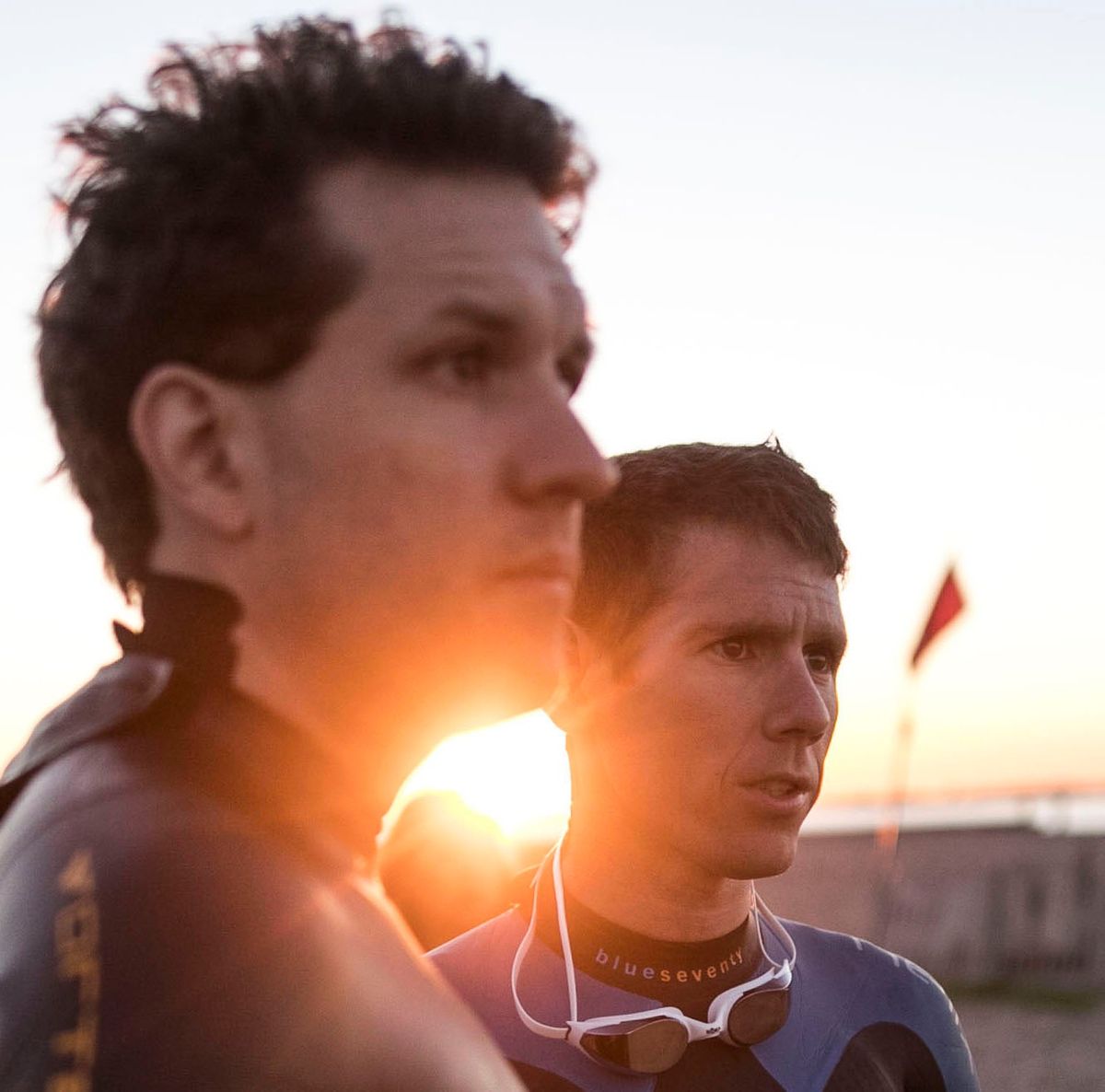 Solarz (left) and Calimano (right) consider their swim. Photo credit: Zandy Mangold.