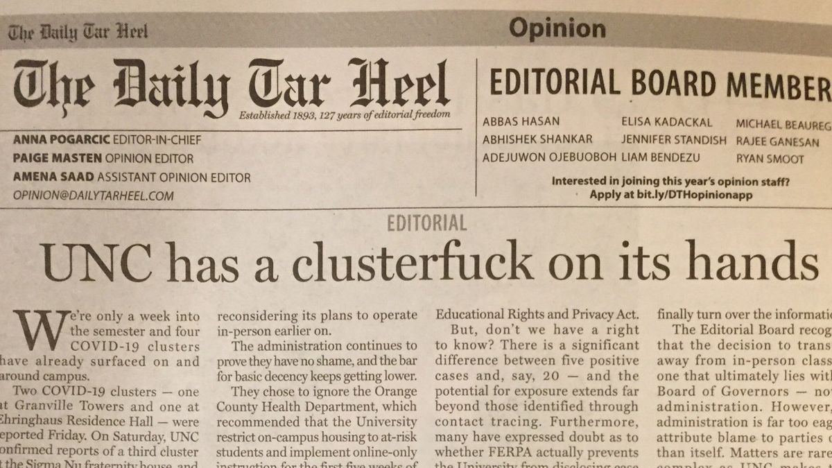 The UNC student newspaper pulled no punches in describing the situation in Chapel Hill.