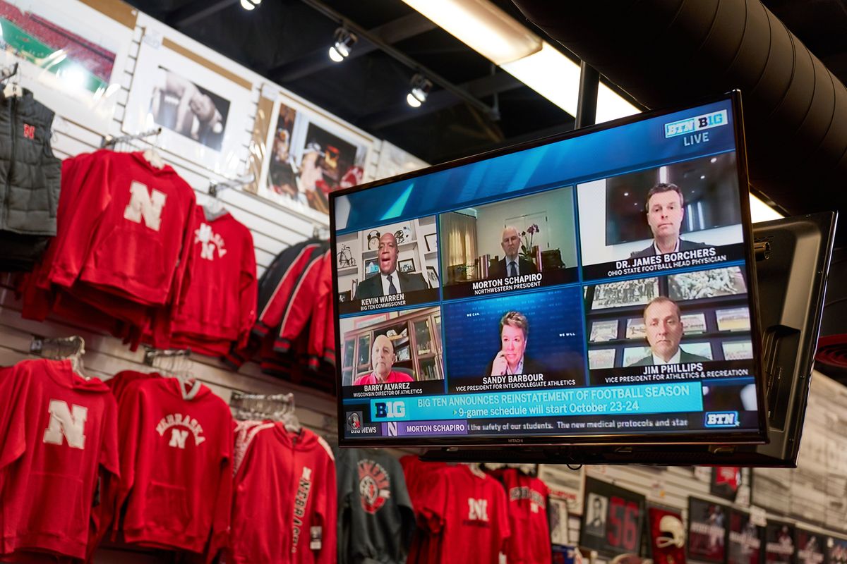 Slap a sticker on it and sell, sell, sell at the Nebraska team store as officials announce Big 10 football season.