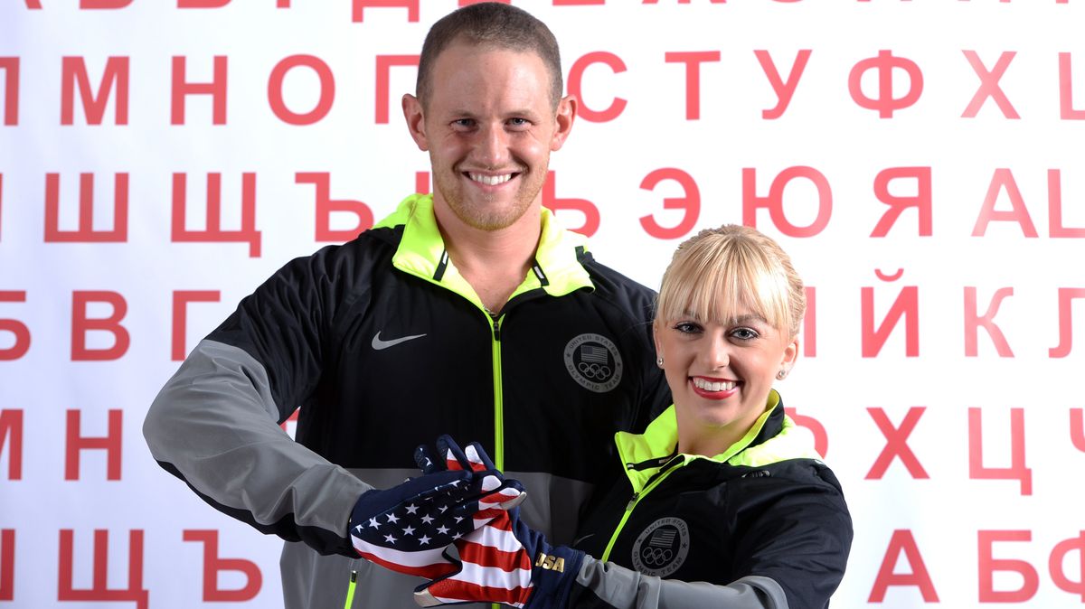John Coughlin (left) and Caydee Denney (right) pose during the USOC Media Summit for the Sochi 2014 Winter Olympics.
