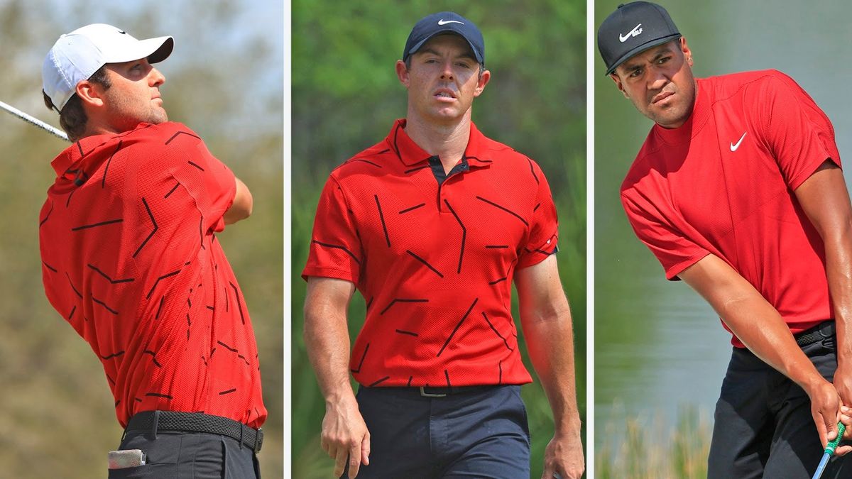 Golfers Scottie Scheffler, Rory McIlroy and Tony Finau put on Tiger’s Sunday Red in support for  final round of World Golf Championships-Workday Championship.