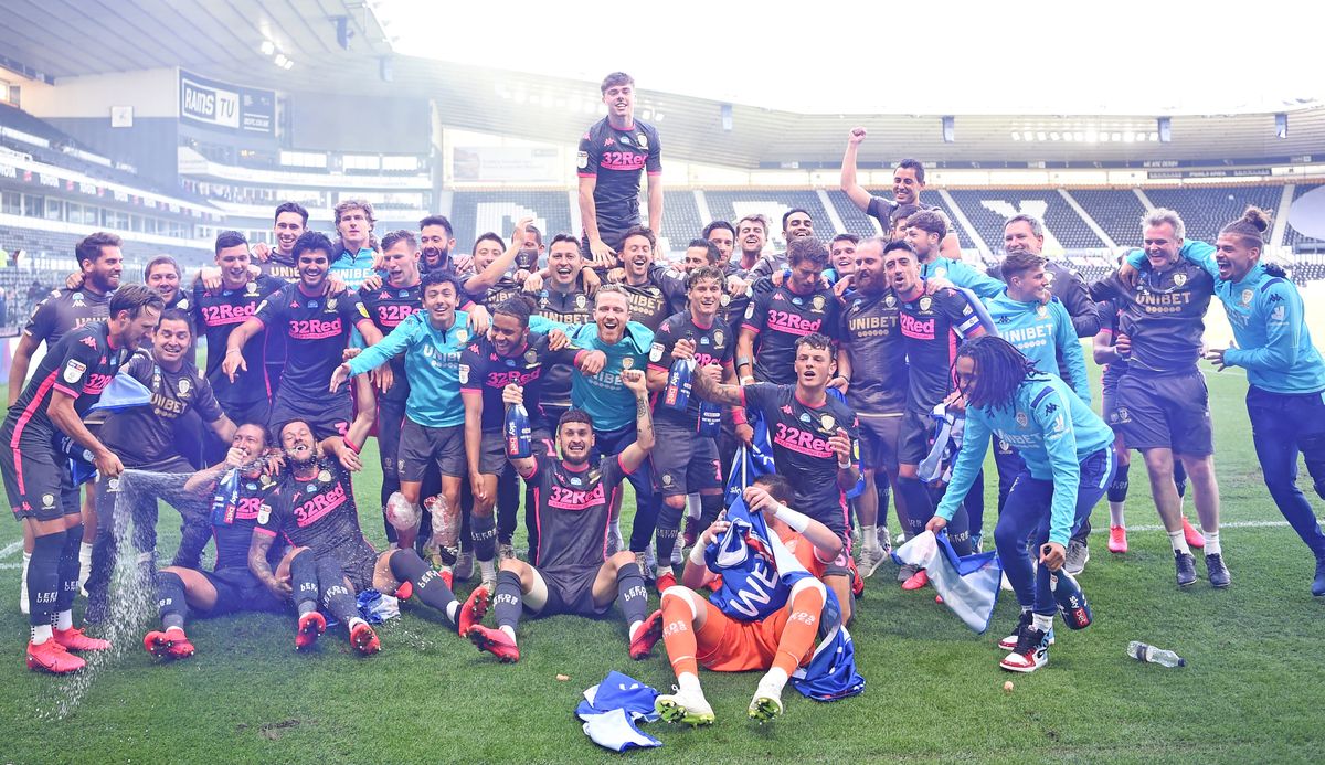 Leeds United celebrate winning the league and promotion to the Premier League.