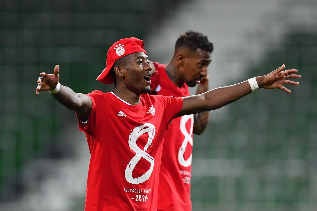 David Alaba of Bayern Munich celebrates securing the Bundesliga title, Bayern Munich’s eighth straight, on Wednesday.