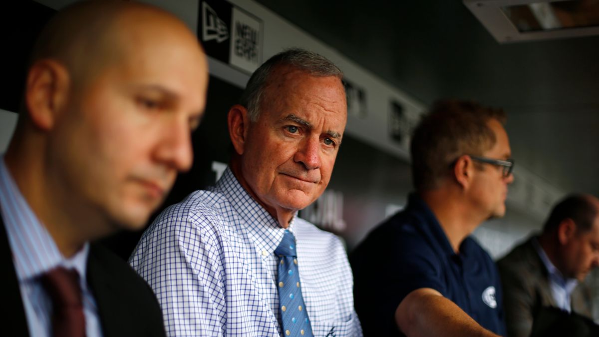 Photo of former Braves GM John Coppolella (left) and former President of Baseball Operations John Hart (center): Gene J. Puskar/ [object Object]