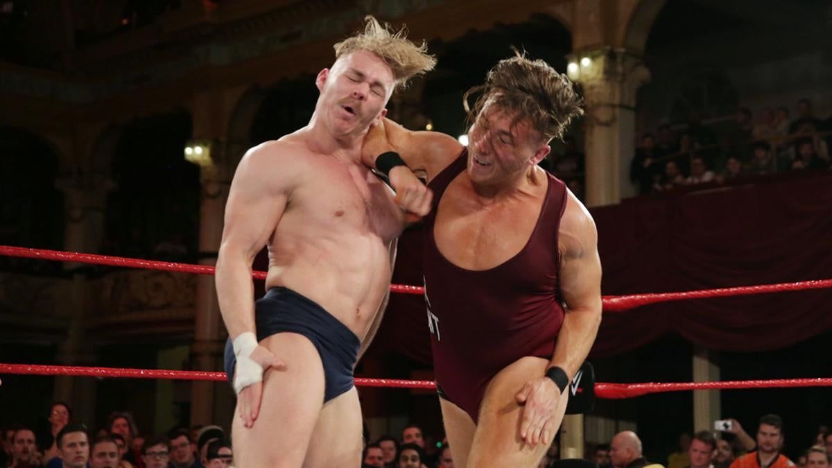 Pete Dunne elbows Tyler Bate during the WWE U.K. Championship Tournament finals in Blackpool in January 2017.