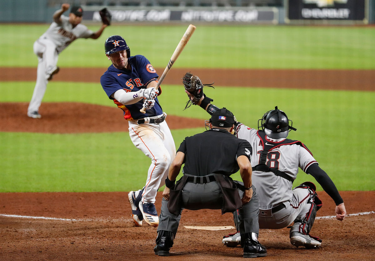 Here is a picture of Alex Bregman getting hit by a pitch