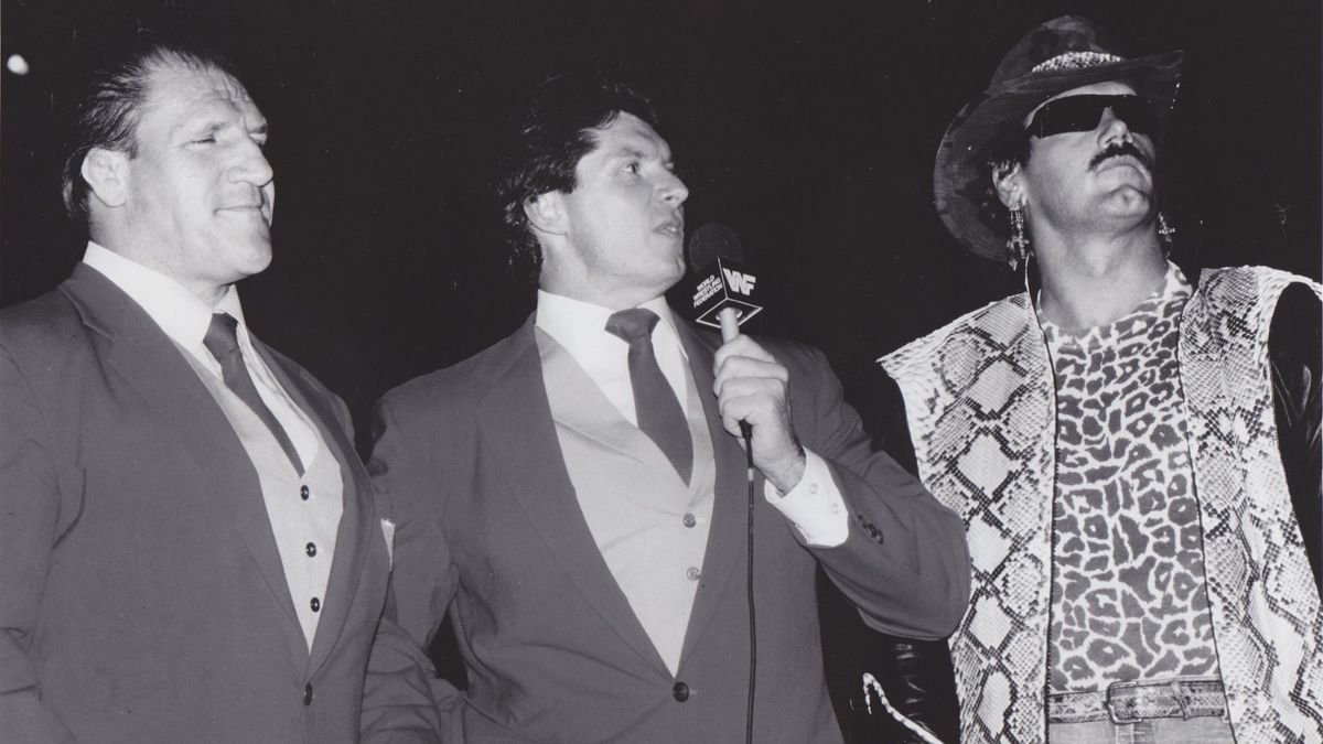Bruno Sammartino, Vince McMahon, & Jesse Ventura as the Superstars of Wrestling broadcast team in a 1987 promotional photo.