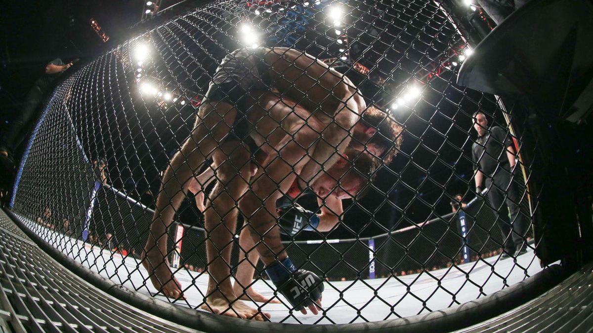 Zabit Magomedsharipov (on top) and Kyle Bochniak grapple during their featherweight bout at UFC 223 last month in Brooklyn