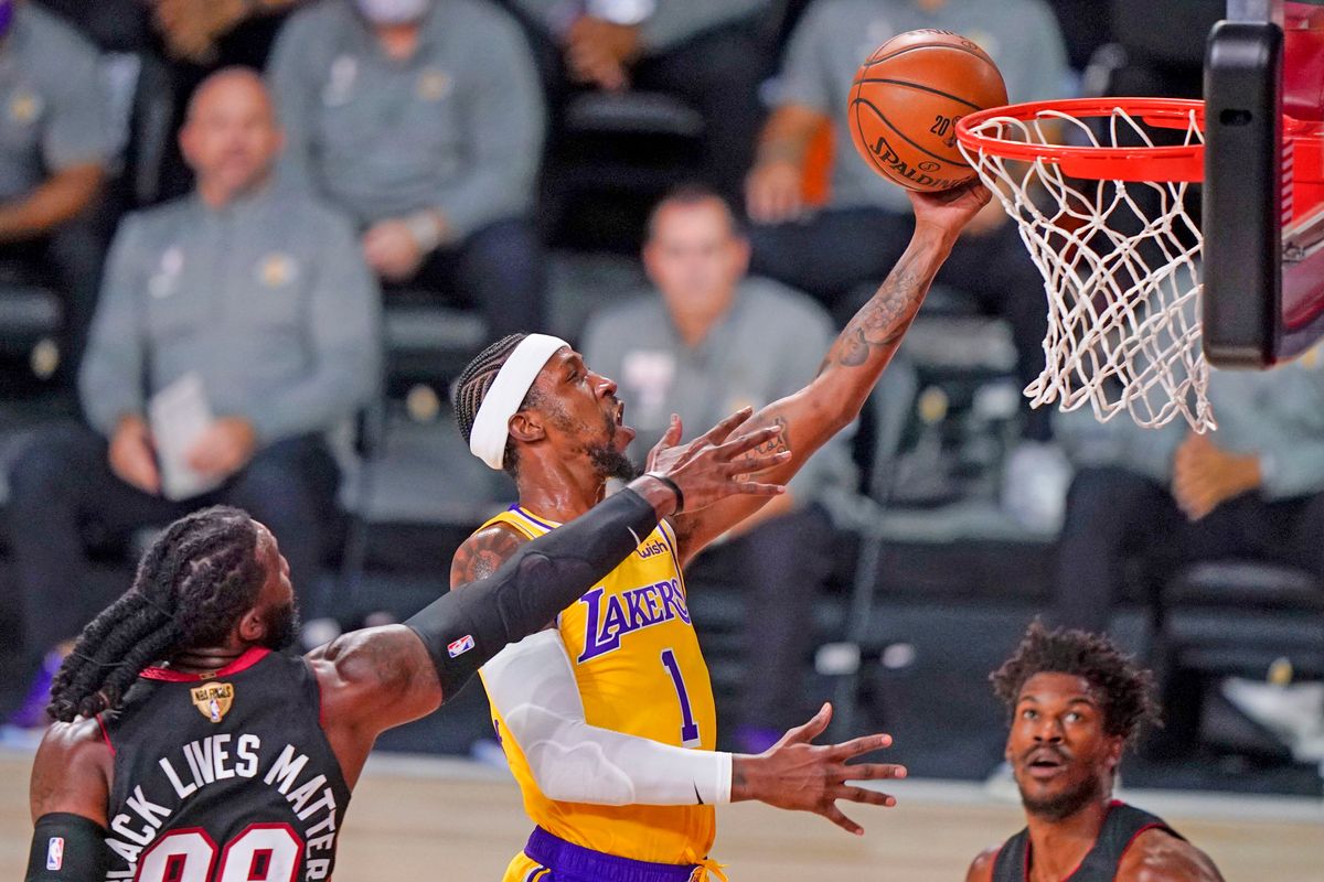 K entavious Cald well-Pope goes up for two of his 15 points last night, as Lakers taking commanding 3-1 lead in NBA Finals.