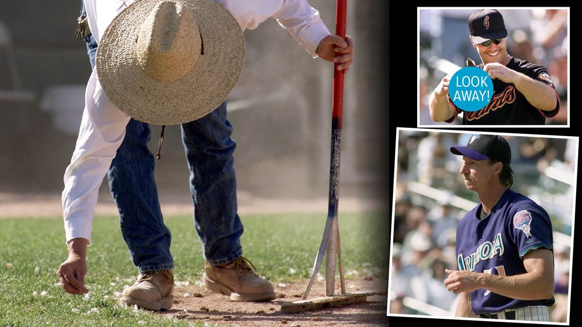 Groundscrew member picks up remains of ex-bird, conked by Randy Johnson 
 (bottom r) with cackling weirdo Jeff Kent holding remains.