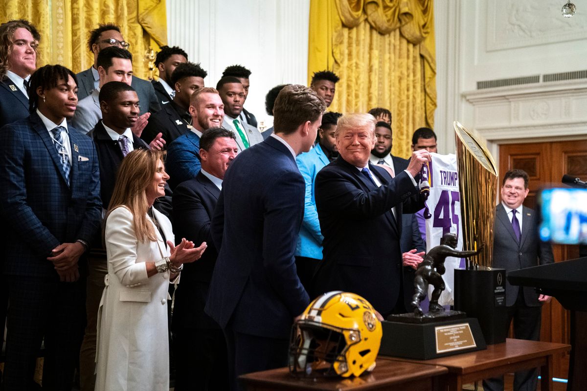 Trump with National Champs LSU earlier this year. This season’s champ may well be slapped with an asterisk, and the President has only himself to blame.