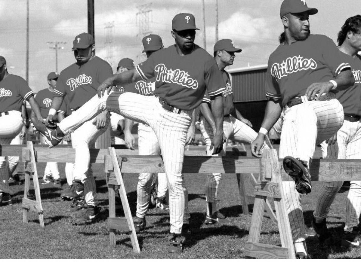 Danny Tartabull (center) works out shortly after reporting to spring training with the Phillies in 1997. Photo: Peter Muhly/AFP/ [object Object]