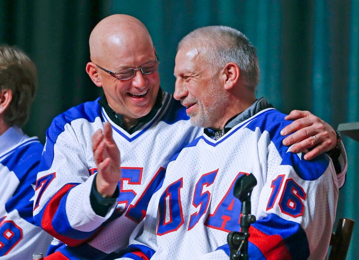 Mark Pavelich (number 16) with Jack O’Callahan in 2015.