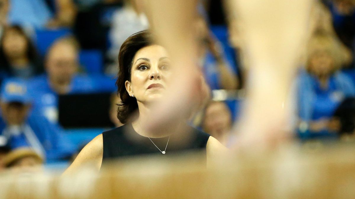 UCLA gymnastics head coach Valorie Kondos-Field watches as Katelyn Ohashi competes on balance beam during a meet against Stanford at Pauley Pavilion on March 10, 2019 in Los Angeles, California.