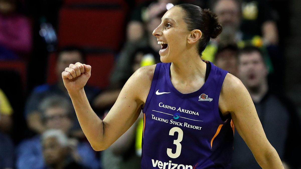 Taurasi reacts to a call in their favor against the Seattle Storm in the first half of Sunday night’s game.