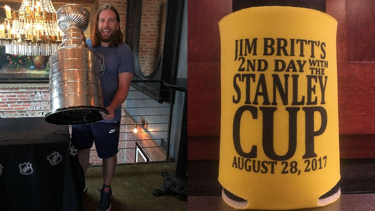 The author with the Stanley Cup (photo by Jan Cohen); a commemorative koozie (photo by Dan McQuade).