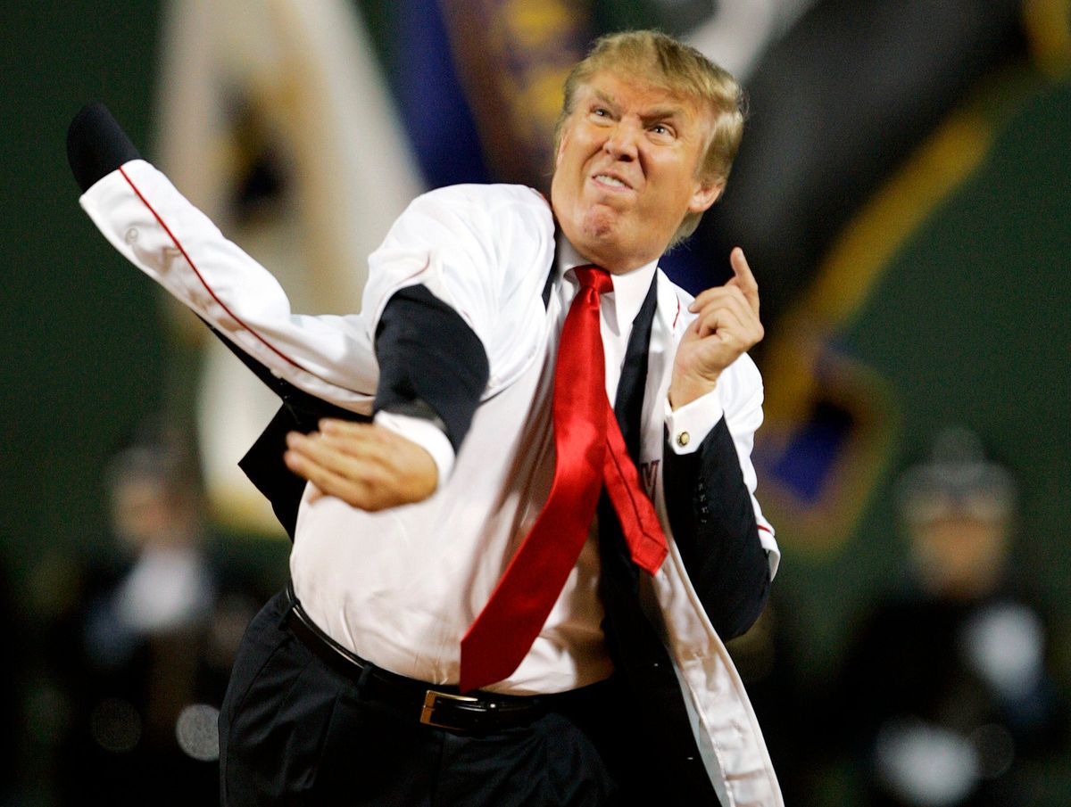 Donald Trump throws out the first pitch at a Red Sox game in 2006.