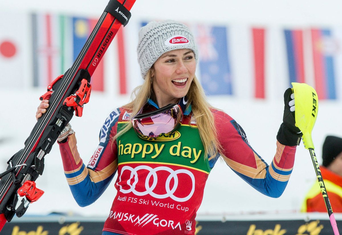 Mikaela Shiffrin celebrates a double victory at a World Cup event in Kranjska Gora, Slovenia. Photo by Erich Spiess/AP Photo