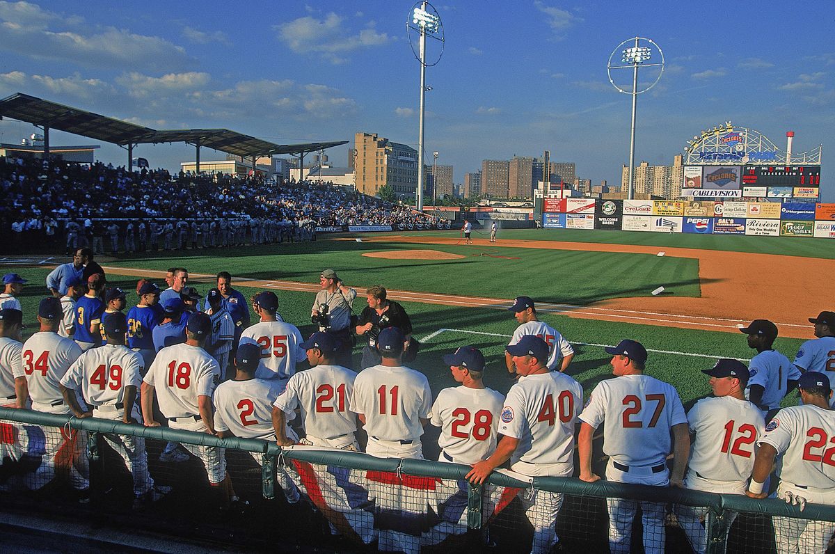 The Class-A Brooklyn Cyclones prepare for their first-ever game back in 2001 in shadow of the actual Cyclone rollercoaster.