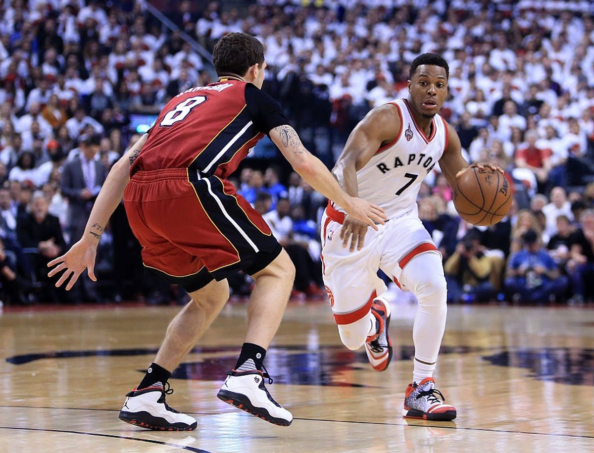 Kyle Lowry driving against Tyler Johnson on Sunday, via  [object Object] .
