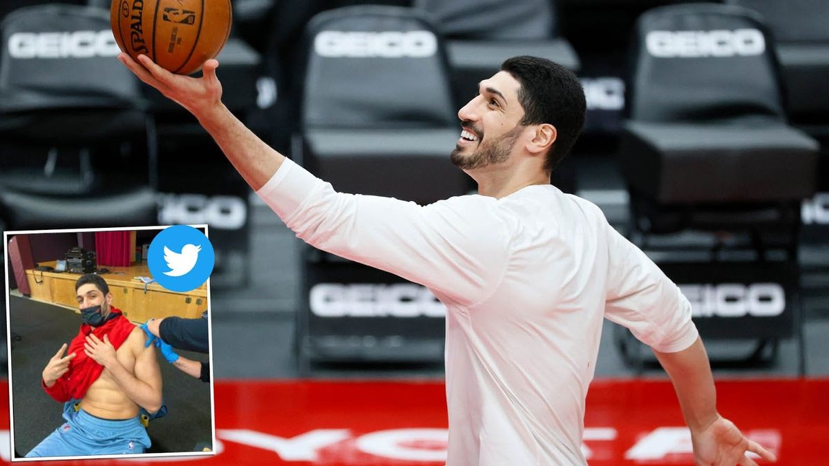 Portland’s Enes Kanter shows the world his vaccination photo.