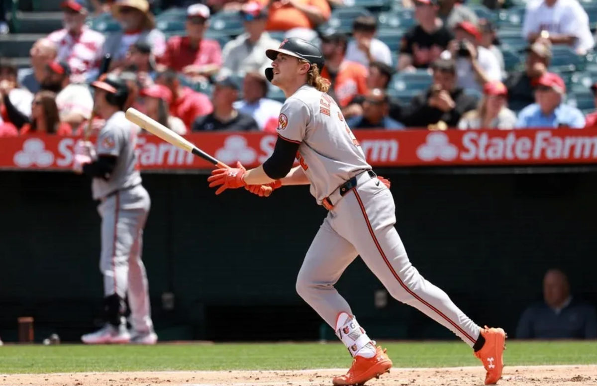 Apr 24, 2024; Anaheim, California, USA; Baltimore Orioles shortstop Gunnar Henderson (2) hits a home run during the third inning against the Los Angeles Angels at Angel Stadium. credits: Kiyoshi Mio-USA TODAY Sports