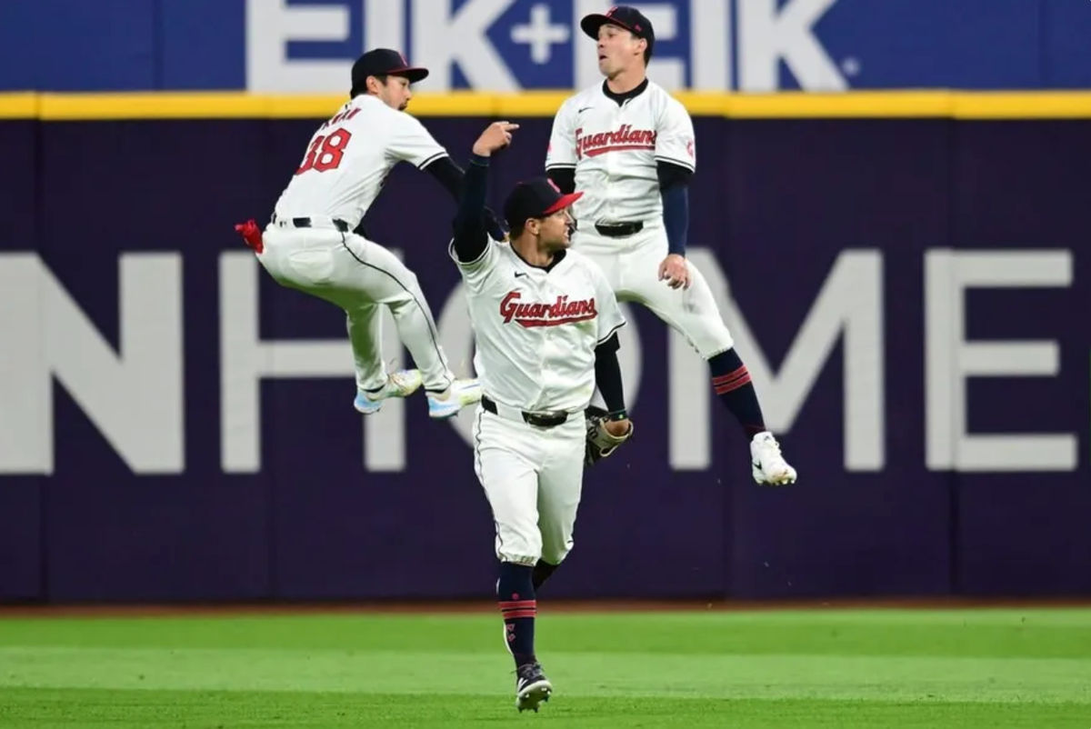 Apr 19, 2024; Cleveland, Ohio, USA; Cleveland Guardians center fielder Tyler Freeman (2) and left fielder Steven Kwan (38) and right fielder Will Brennan (17) celebrate after the Guardians beat the Oakland Athletics at Progressive Field. credits: Ken Blaze-USA TODAY Sports