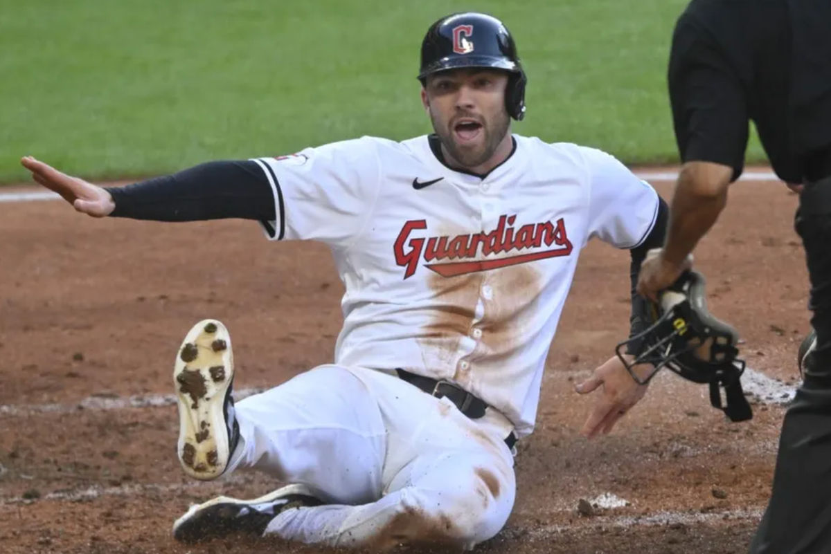 May 18, 2024; Cleveland, Ohio, USA; Cleveland Guardians left fielder David Fry (6) scores a run in the fifth inning against the Minnesota Twins at Progressive Field. Mandatory Credit: David Richard-USA TODAY Sports