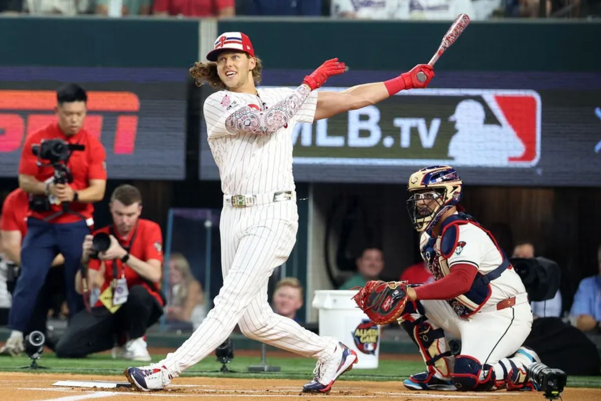 Jul 15, 2024; Arlington, TX, USA; National League third baseman Alec Bohm of the Philadelphia Phillies (28) competes during the 2024 Home Run Derby at Globe Life Field. Mandatory Credit: Kevin Jairaj-USA TODAY Sports
