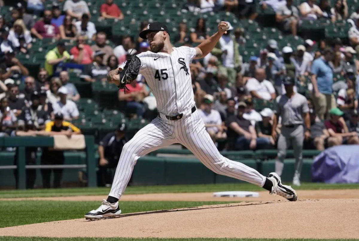 Jun 30, 2024; Chicago, Illinois, USA; Chicago White Sox pitcher Garrett Crochet (45) throws the ball against the Colorado Rockies during the first inning at Guaranteed Rate Field. Mandatory Credit: David Banks-USA TODAY Sports