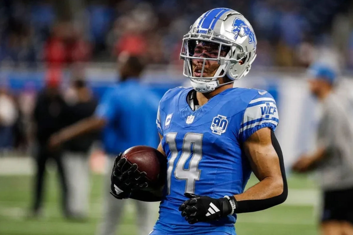 Detroit Lions wide receiver Amon-Ra St. Brown (14) warms up before the Atlanta Falcons game at Ford Field in Detroit on Sunday, Sept. 24, 2023. credits: Junfu Han / USA TODAY NETWORK