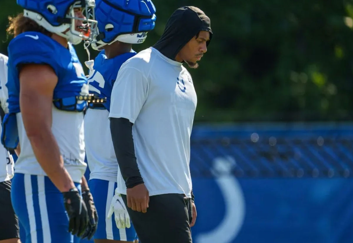 Indianapolis Colts running back Jonathan Taylor (28) stands near other running backs during drills Monday, July 31, 2023, during training camp at the Grand Park Sports Campus in Westfield, Indiana. credits: Mykal McEldowney/IndyStar / USA TODAY NETWORK