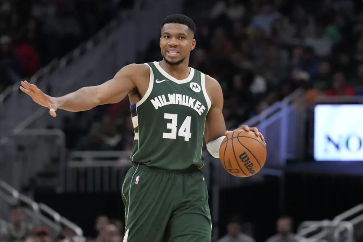 Nov 2, 2024; Milwaukee, Wisconsin, USA; Milwaukee Bucks forward Giannis Antetokounmpo (34) brings the ball up the court against the Cleveland Cavaliers in the second half at Fiserv Forum. Mandatory Credit: Michael McLoone-Imagn Images