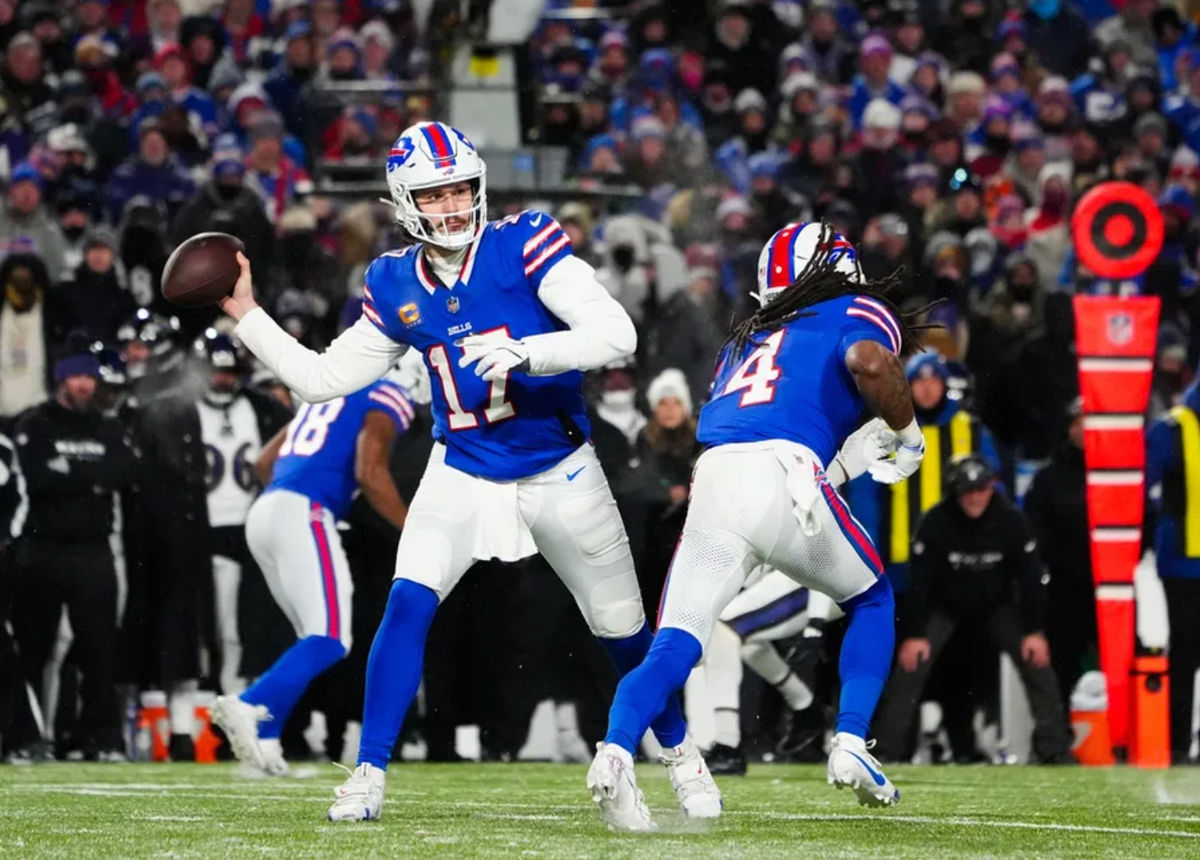 Jan 19, 2025; Orchard Park, New York, USA; Buffalo Bills quarterback Josh Allen (17) passes the ball during the third quarter against the Baltimore Ravens in a 2025 AFC divisional round game at Highmark Stadium. Mandatory Credit: Gregory Fisher-Imagn Images