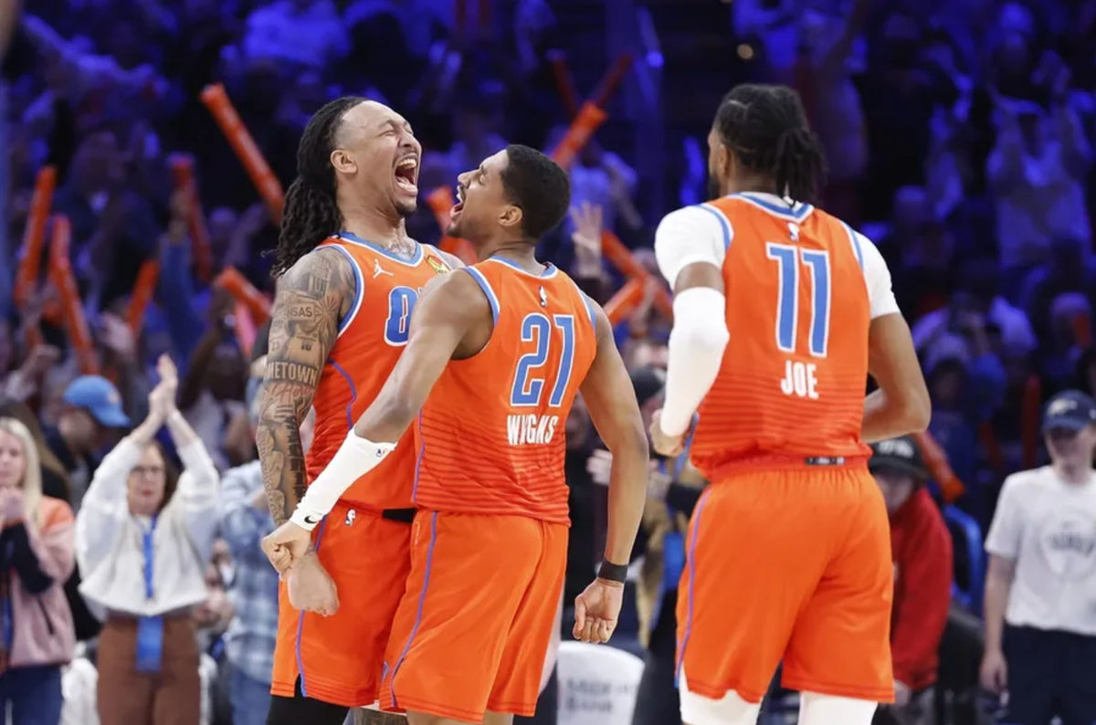 3 de janeiro de 2025; Oklahoma City, Oklahoma, EUA; O ala do Oklahoma City Thunder Jaylin Williams (6) e o armador Aaron Wiggins (21) comemoram após marcar contra o New York Knicks durante o segundo tempo no Paycom Center. Crédito obrigatório: Alonzo Adams-Imagn Images