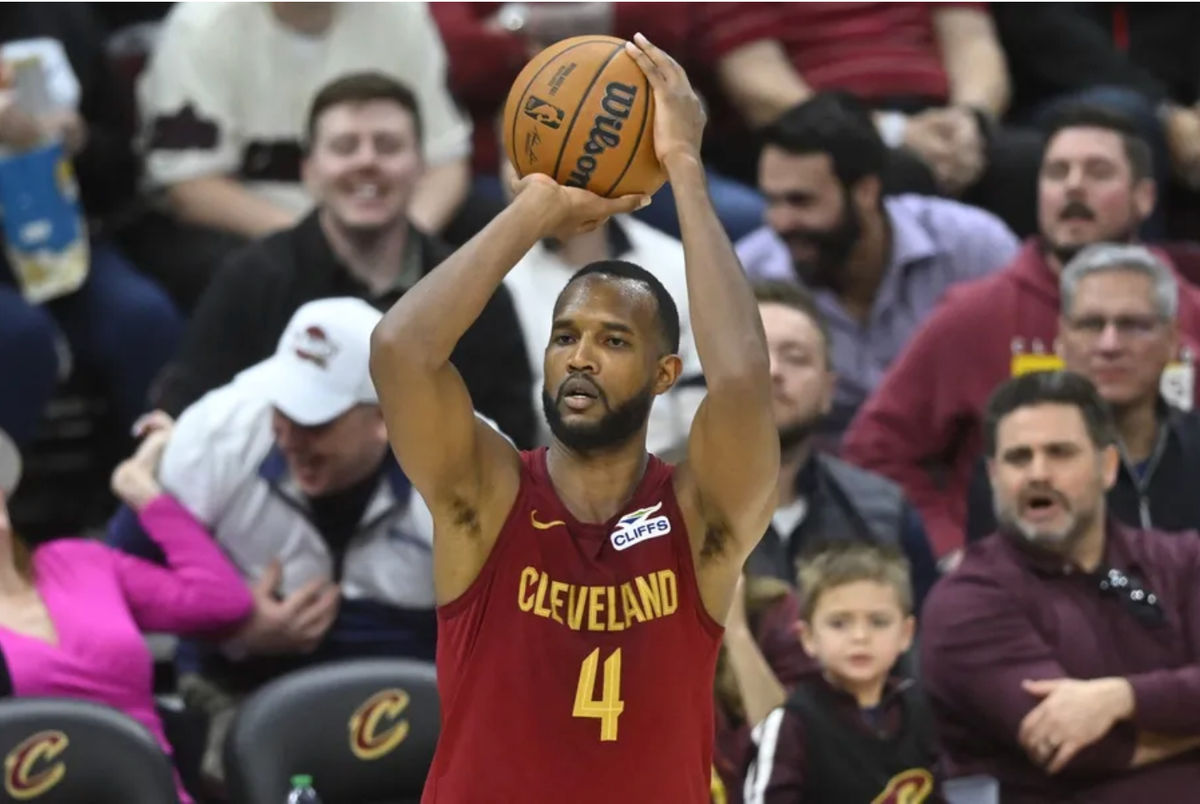 Mar 11, 2025; Cleveland, Ohio, USA; Cleveland Cavaliers forward Evan Mobley (4) shoots in the fourth quarter against the Brooklyn Nets at Rocket Arena. Mandatory Credit: David Richard-Imagn Images