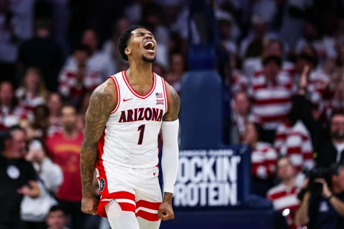 Jan 27, 2025; Tucson, Arizona, USA; Arizona Wildcats guard Caleb Love (1) celebrates a dunk he made during the first half against the Iowa State Cyclones at McKale Center. Mandatory Credit: Aryanna Frank-Imagn Images