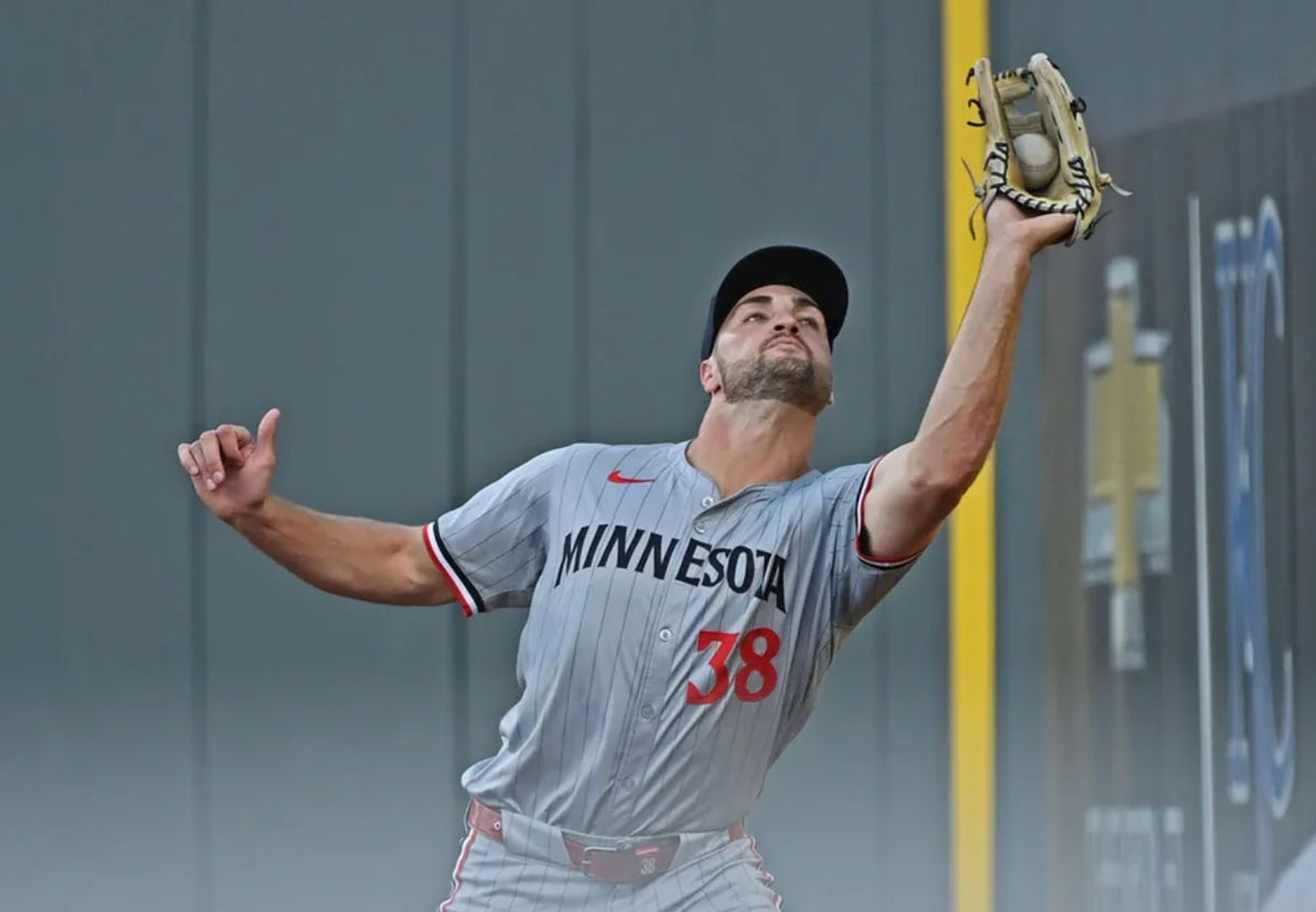 Sep 7, 2024; Kansas City, Missouri, USA; Minnesota Twins left fielder Matt Wallner (38) catches the ball in foul territory in the third inning against the Kansas City Royals at Kauffman Stadium. Mandatory Credit: Peter Aiken-Imagn Images