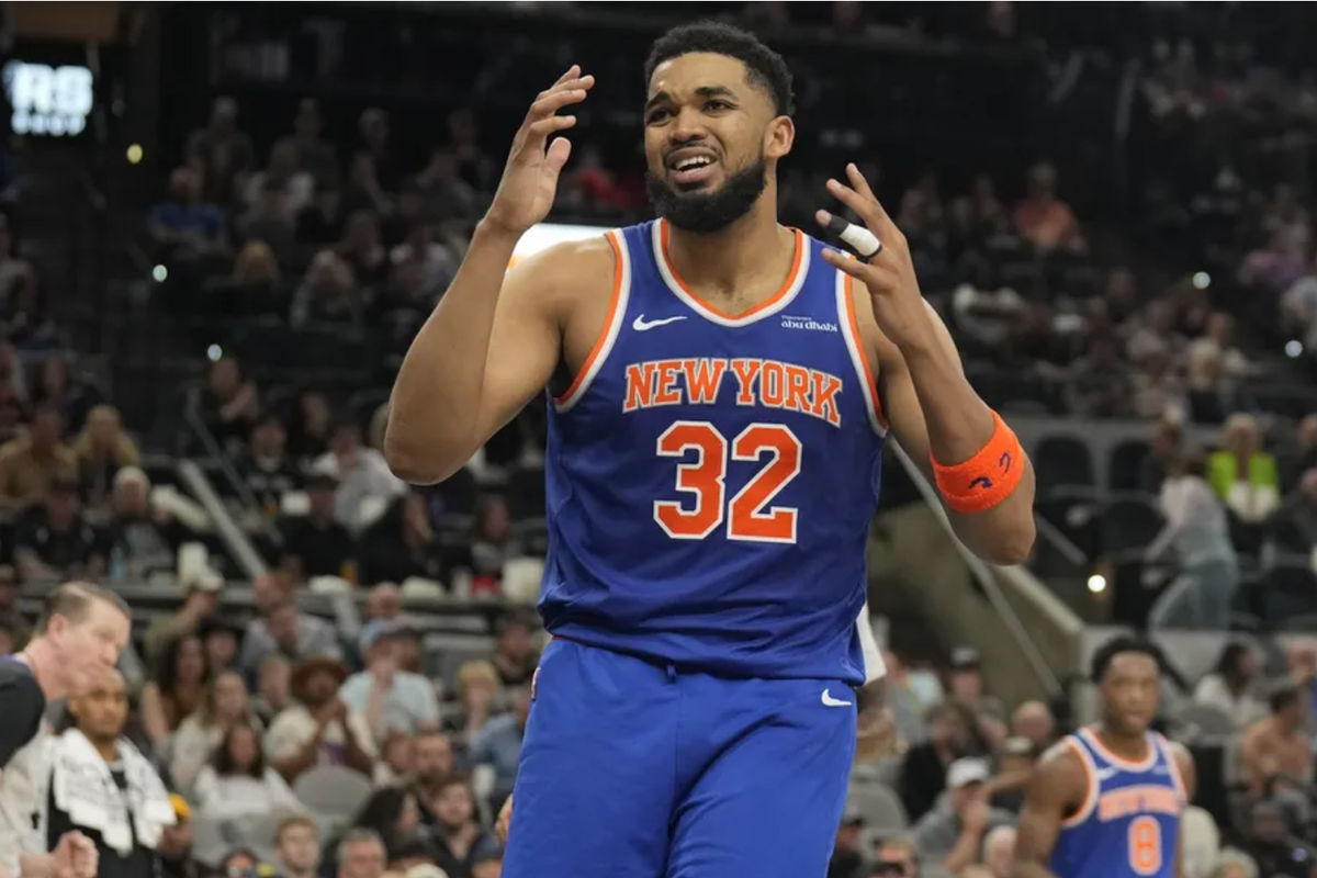 Mar 19, 2025; San Antonio, Texas, USA; New York Knicks forward Karl-Anthony Towns (32) reacts during the second half against the San Antonio Spurs at Frost Bank Center. Mandatory Credit: Scott Wachter-Imagn Images