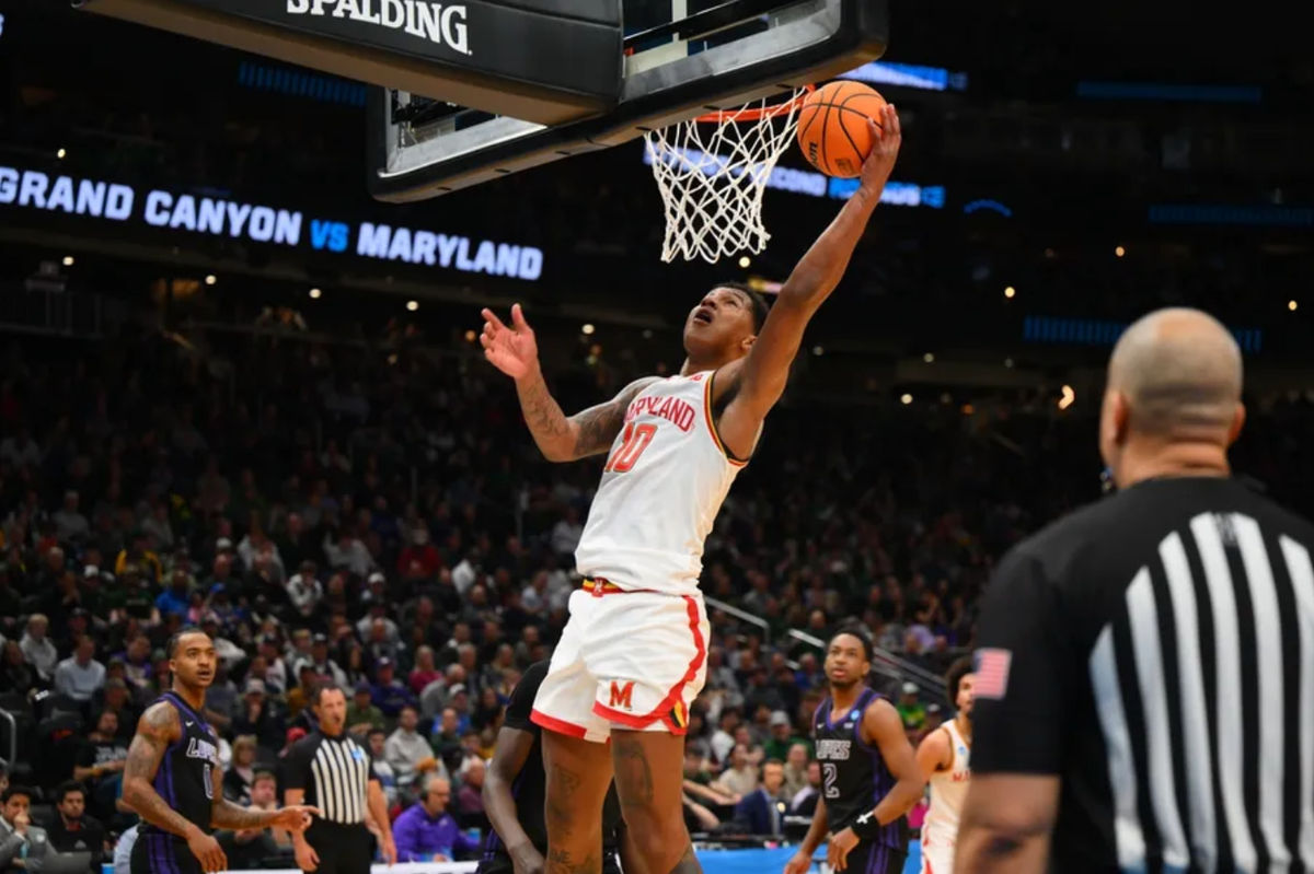 Mar 21, 2025; Seattle, WA, USA; Maryland Terrapins forward Julian Reese (10) shoots a layup during the first half against Grand Canyon Antelopes at Climate Pledge Arena. Mandatory Credit: Steven Bisig-Imagn Images