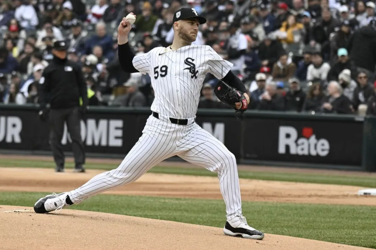 Mar 27, 2025; Chicago, Illinois, USA; Chicago White Sox pitcher Sean Burke (59) delivers against the Los Angeles Angels during the first inning at Guaranteed Rate Field. Mandatory Credit: Matt Marton-Imagn Images