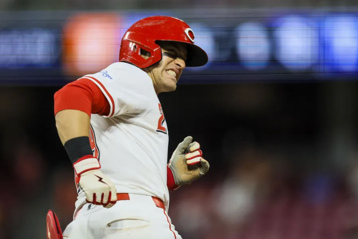 Aug 14, 2024; Cincinnati, Ohio, USA; Cincinnati Reds outfielder TJ Friedl (29) reacts after hitting a solo home run in the seventh inning against the St. Louis Cardinals at Great American Ball Park. Mandatory Credit: Katie Stratman-USA TODAY Sports