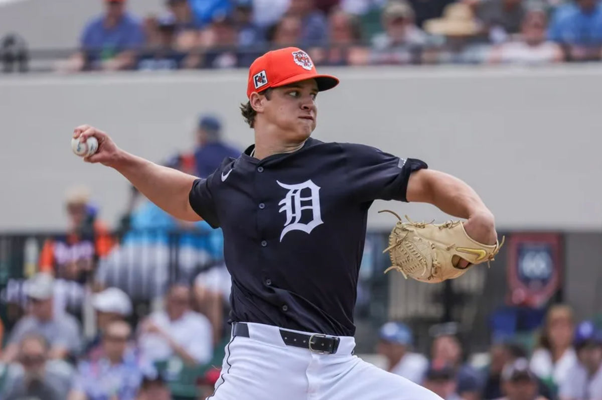 Mar 13, 2025; Lakeland, Florida, USA; Detroit Tigers pitcher Jackson Jobe (21) pitches during the first inning against the New York Yankees at Publix Field at Joker Marchant Stadium. Mandatory Credit: Mike Watters-Imagn Images