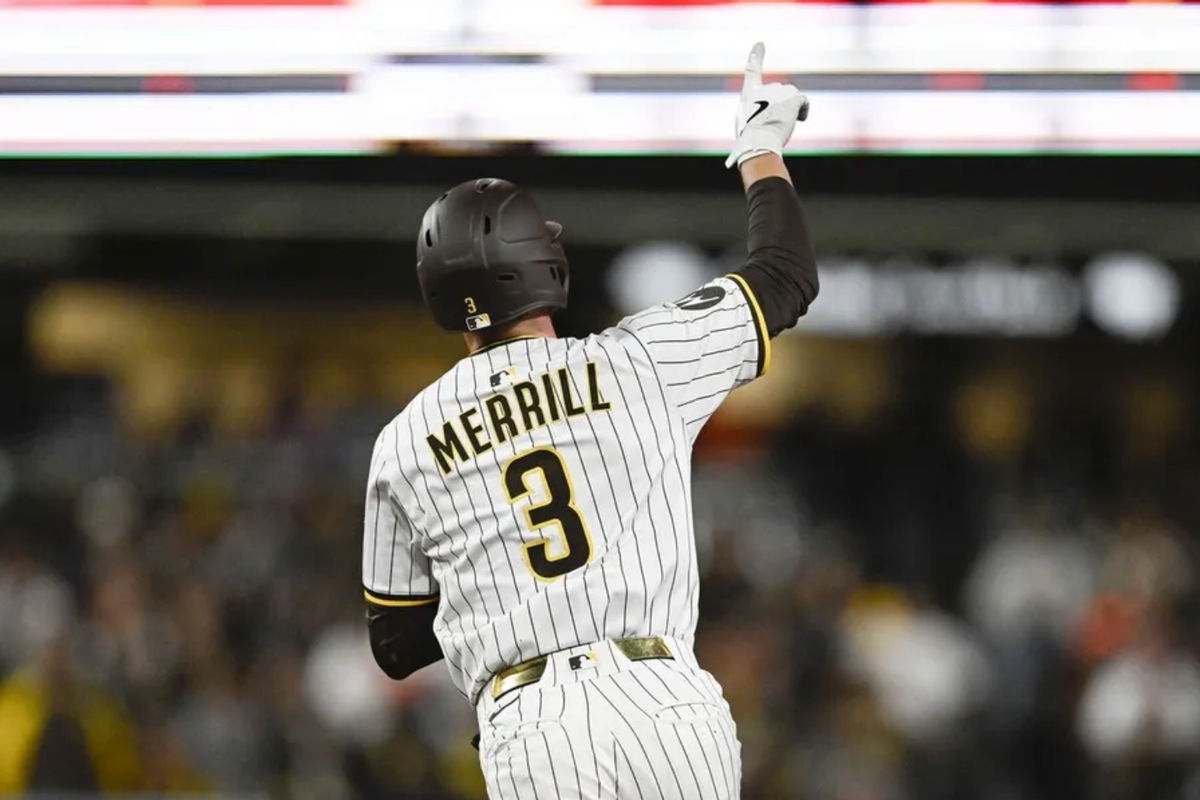 Apr 1, 2025; San Diego, California, USA; San Diego Padres center fielder Jackson Merrill (3) rounds the bases after hitting a solo home run during the fourth inning against the Cleveland Guardians at Petco Park. Mandatory Credit: Denis Poroy-Imagn Images