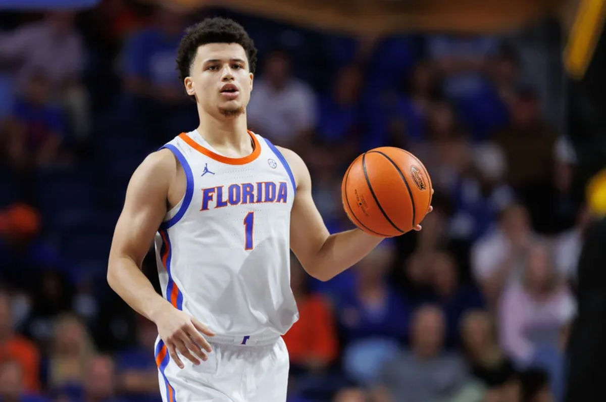Nov 11, 2024; Gainesville, Florida, USA; Florida Gators guard Walter Clayton Jr. (1) dribbles the ball against the Grambling State Tigers during the second half at Exactech Arena at the Stephen C. O'Connell Center. Mandatory Credit: Matt Pendleton-Imagn Images