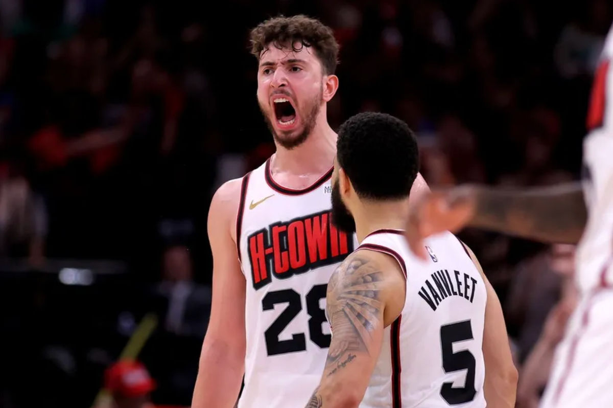 Apr 4, 2025; Houston, Texas, USA; Houston Rockets center Alperen Sengun (28) reacts after a dunk against the Oklahoma City Thunder during the fourth quarter at Toyota Center. Mandatory Credit: Erik Williams-Imagn Images