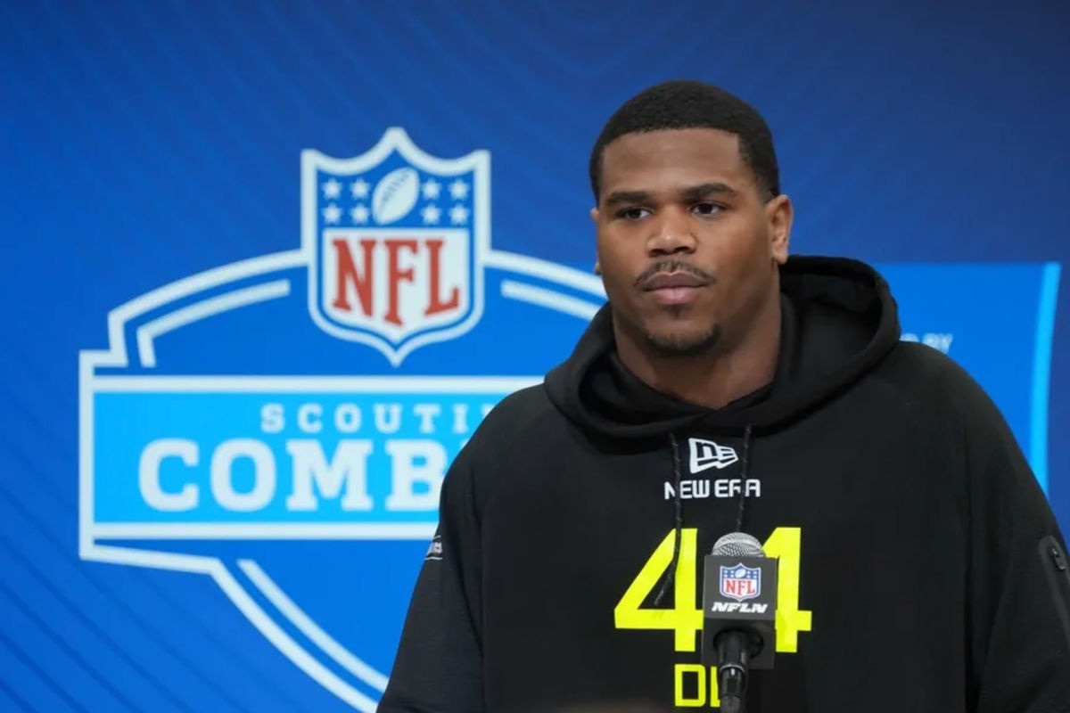 Feb 27, 2025; Indianapolis, IN, USA; Penn State defensive lineman Abdul Carter (DL44) during the 2025 NFL Scouting Combine at the Indiana Convention Center. Mandatory Credit: Kirby Lee-Imagn Images